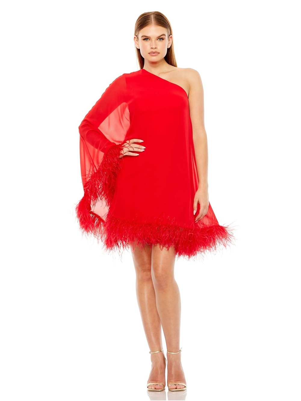 Mac Duggal Red One-Shoulder Feather Trim Mini Dress